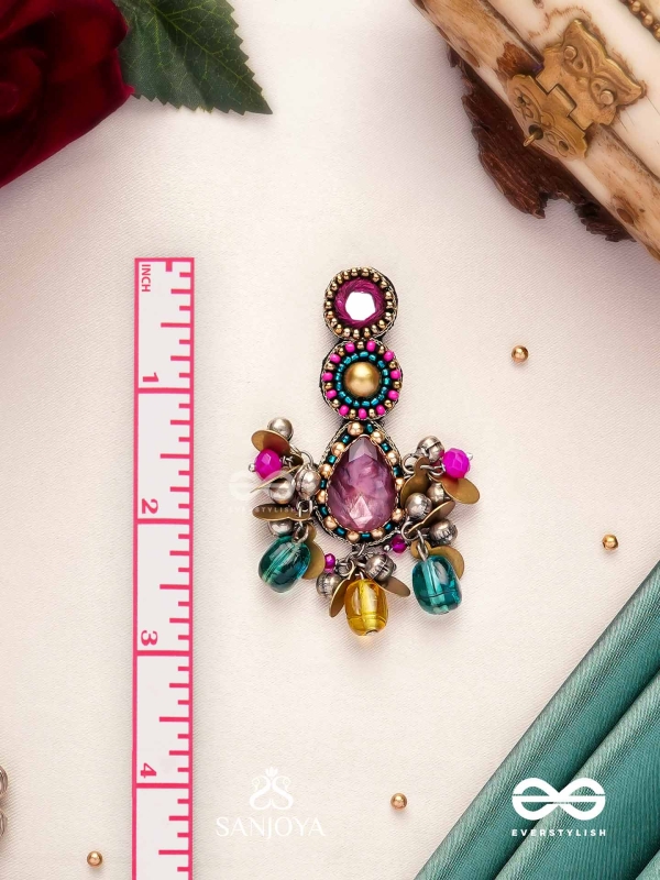 Agrihini - The Amethyst Glow - Stones, Mirrors, Coins And Glass Drops Hand Embroidered Earrings