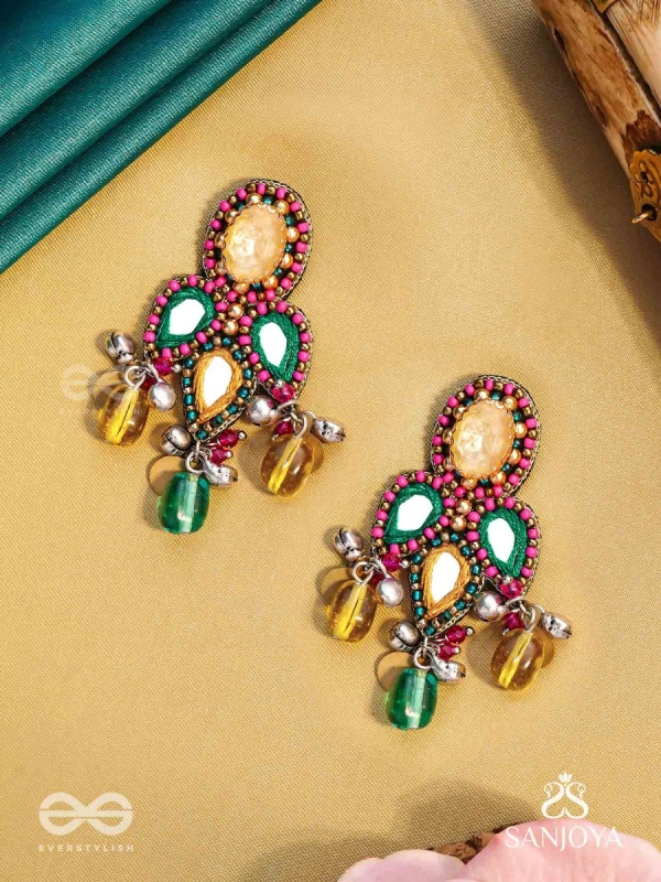 Tripristha - The Holy Trinity - Stones, Mirrors, Coins And Glass Drops Hand Embroidered Earrings