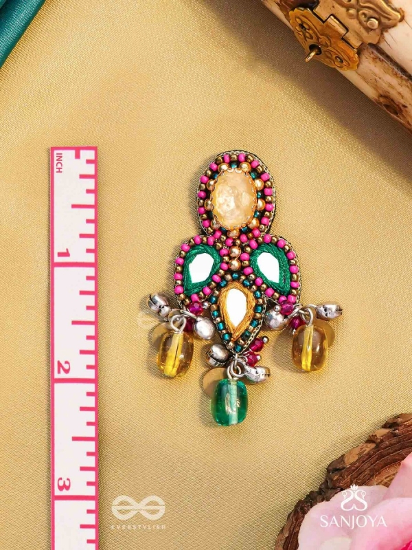 Tripristha - The Holy Trinity - Stones, Mirrors, Coins And Glass Drops Hand Embroidered Earrings