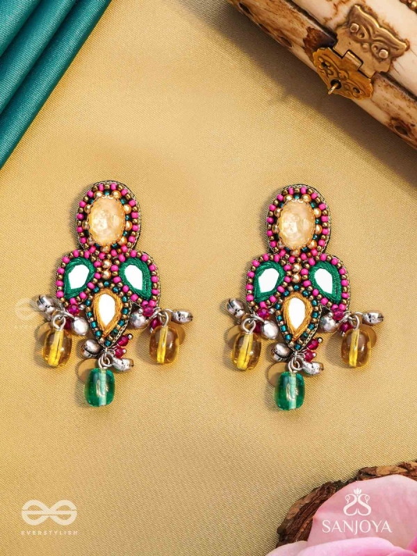 Tripristha - The Holy Trinity - Stones, Mirrors, Coins And Glass Drops Hand Embroidered Earrings