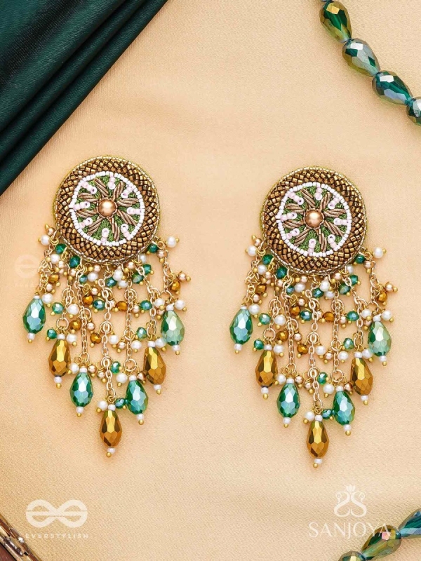 Varsham - The Captivating Rainfall - Cutdana, Dabka, Beads And Glass Drops Hand Embroidered Earrings