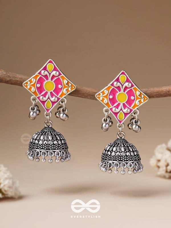 Melodies Of Twilight - Enamelled Oxidised Jhumka Earrings