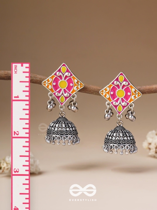 Melodies Of Twilight - Enamelled Oxidised Jhumka Earrings