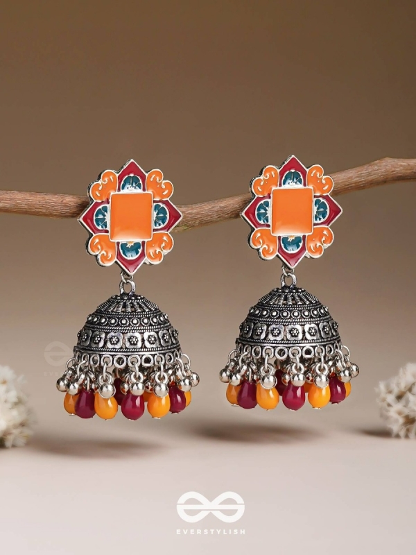 The Warm Hues - Enamelled Oxidised Jhumka Earrings