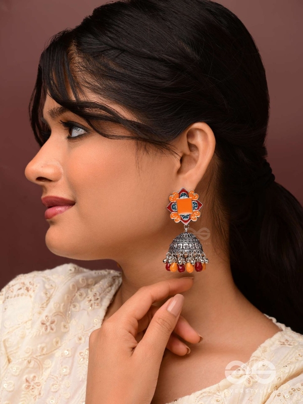 The Warm Hues - Enamelled Oxidised Jhumka Earrings