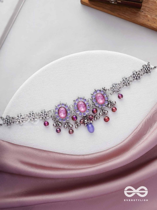 The Flowery Essence - Stone And Glass Drops Enamelled Oxidised Neckpiece