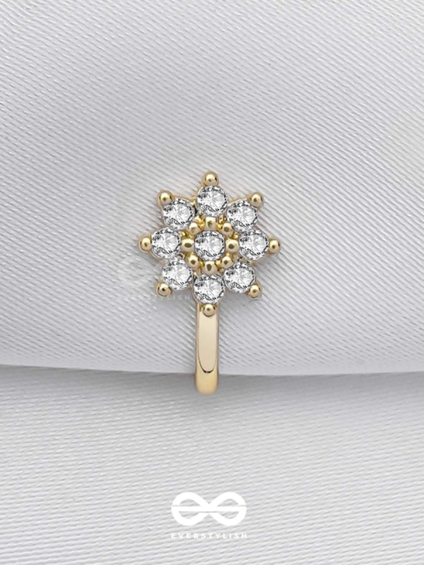 The Embedded Flower - Golden Cubic Zirconia NoseRing (NON-PIERCING)
