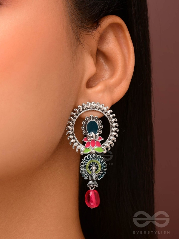 The Peacock Nelumbos - Enamelled Oxidised Earrings