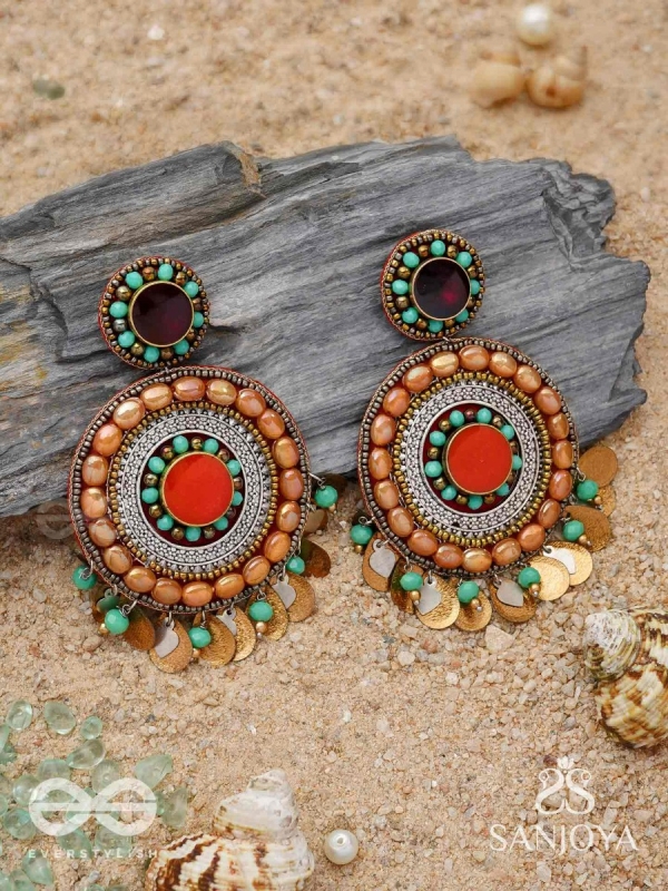 Kadrav - The Auburn Peals - Beads And Coins Hand Embroidered Enamelled Oxidised Earrings