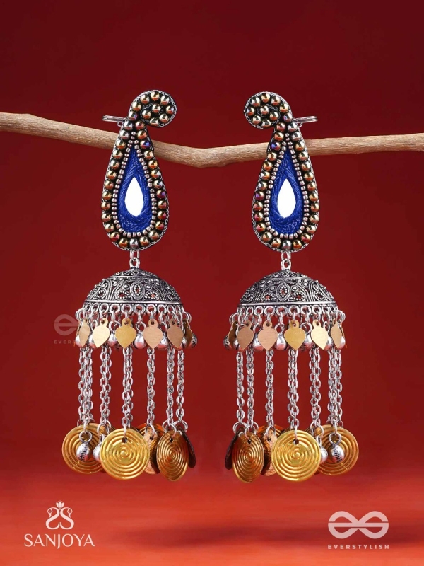 Svarsampad - The Feathery Melody - Beads, Mirror, Resham And Coins Hand Embroidered Oxidised Jhumka Earrings