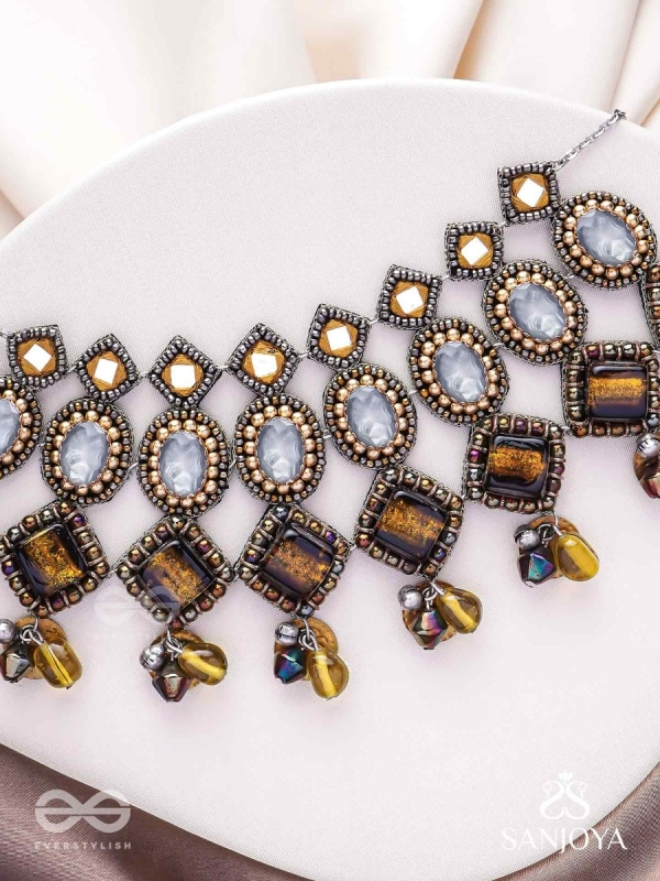 Haridhumra- The Amber Chestnut - Stones, Beads, Coins And Glass Drops Hand Embroidered Oxidised Neckpiece