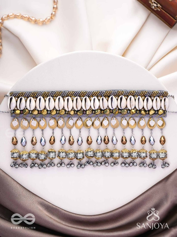 Gaaniya - The Musical Coast - Shells, Coins, Beads And Glass Drops Hand Embroidered Oxidised Choker Neckpiece