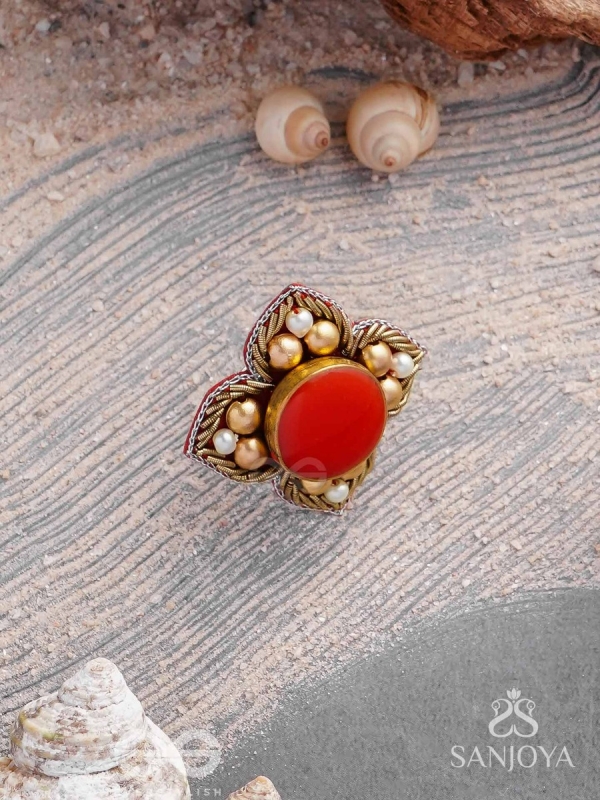 Shikhandik - The Ethereal Stone  - Stone, Beads And Dabka Hand Embroidered Ring (Adjustable)