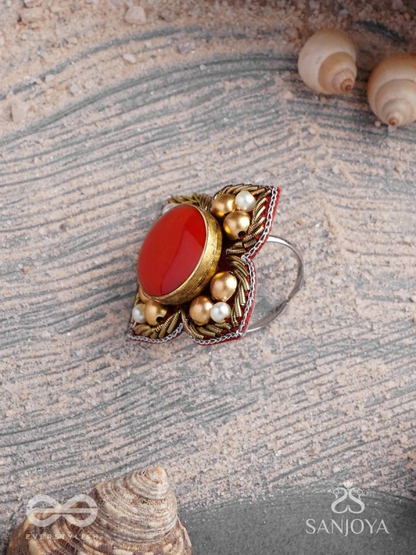 Shikhandik - The Ethereal Stone  - Stone, Beads And Dabka Hand Embroidered Ring (Adjustable)