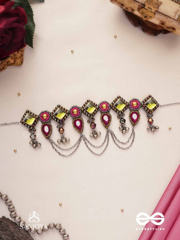 Alankarya - The Bejewelled Shalimar - Stones, Beads And Mirrors Hand Embroidered Oxidised Choker Neckpiece