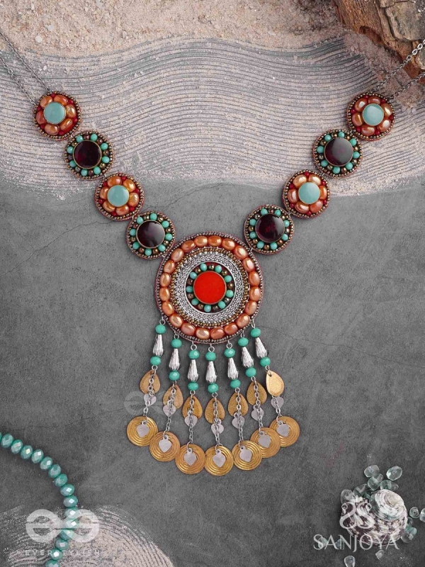 Arthanvit - The Spheres Of Wealth - Beads, Stones And Coins Hand Embroidered Oxidised Neckpiece