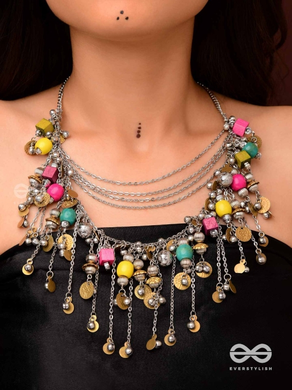 Tairashchya - The Melody Of Life - Beads And Coins Hand Embroidered Oxidised Multilayered Neckpiece