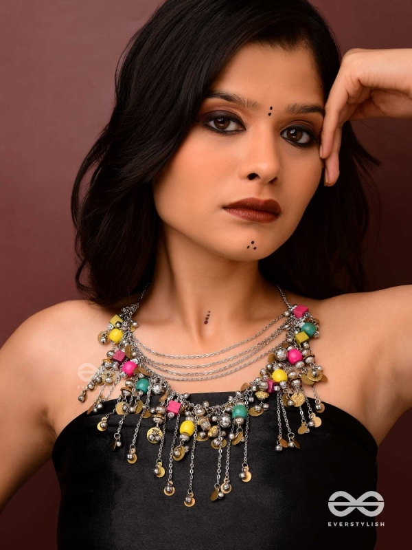 Tairashchya - The Melody Of Life - Beads And Coins Hand Embroidered Oxidised Multilayered Neckpiece