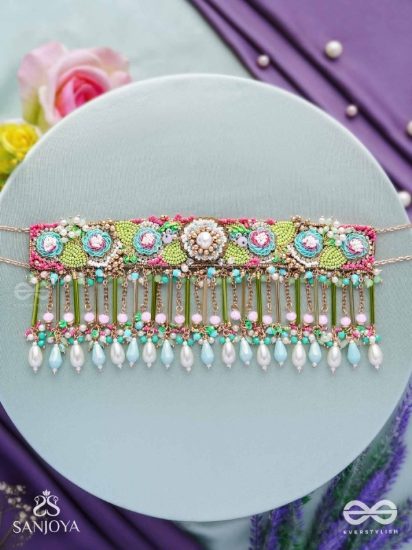MANJUSUMANA - BEAUTIFUL BLOSSOM - BEADS, SEQUINS AND PEARL DROPS HAND EMBROIDERED CHOKER NECKPIECE