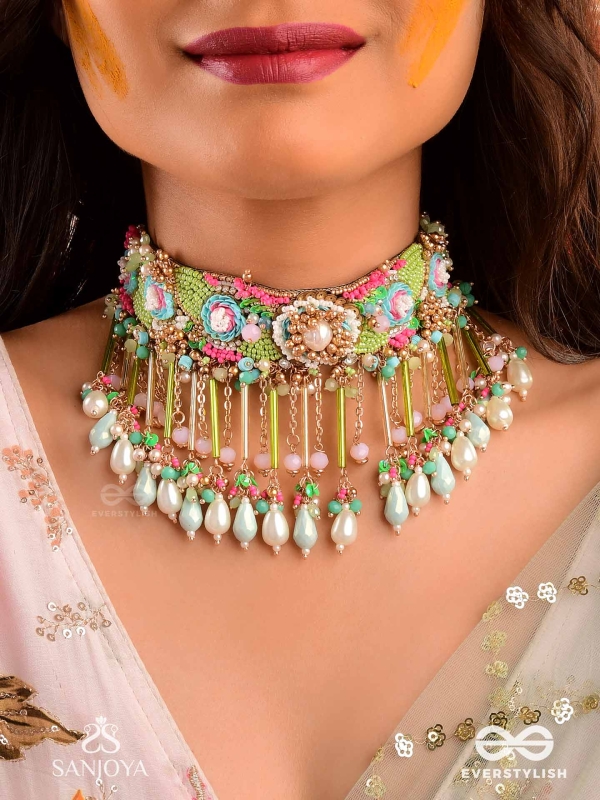 MANJUSUMANA - BEAUTIFUL BLOSSOM - BEADS, SEQUINS AND PEARL DROPS HAND EMBROIDERED CHOKER NECKPIECE