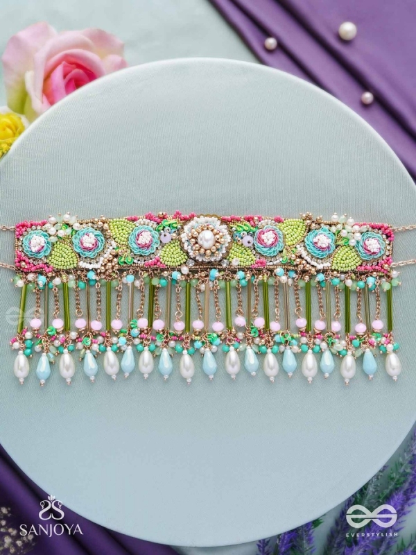 MANJUSUMANA - BEAUTIFUL BLOSSOM - BEADS, SEQUINS AND PEARL DROPS HAND EMBROIDERED CHOKER NECKPIECE