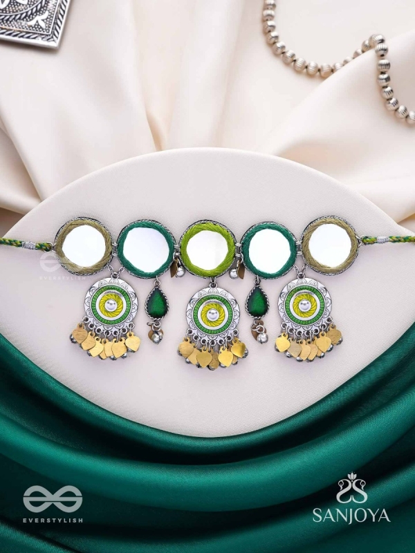 Manidarpan - The Musical Mirrors - Mirrors, Resham And Beads Hand Embroidered Enamelled Oxidised Choker Neckpiece