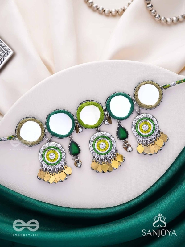 Manidarpan - The Musical Mirrors - Mirrors, Resham And Beads Hand Embroidered Enamelled Oxidised Choker Neckpiece