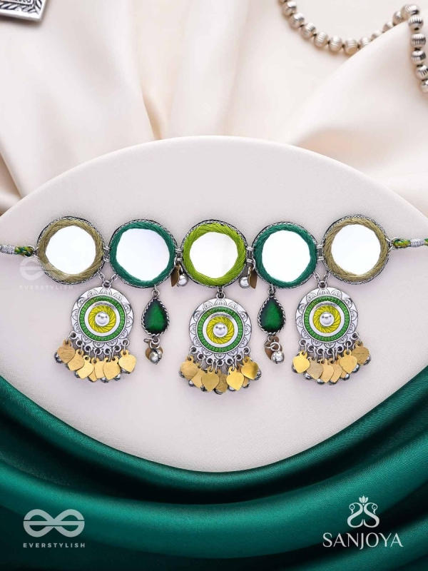 Manidarpan - The Musical Mirrors - Mirrors, Resham And Beads Hand Embroidered Enamelled Oxidised Choker Neckpiece