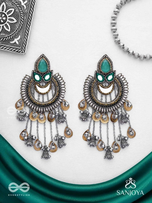 Ashtri - Deep in The Woods - Stone, Mirrors And Beads Hand Embroidered Oxidised Earrings