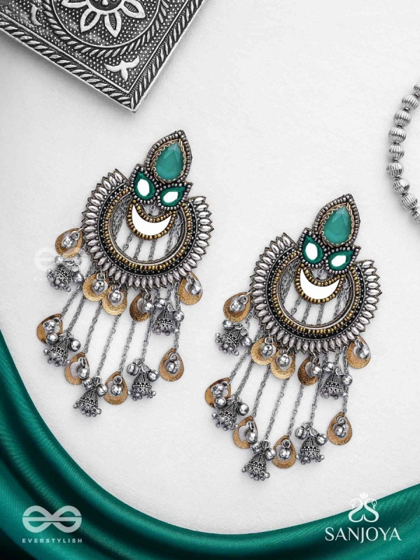 Ashtri - Deep in The Woods - Stone, Mirrors And Beads Hand Embroidered Oxidised Earrings