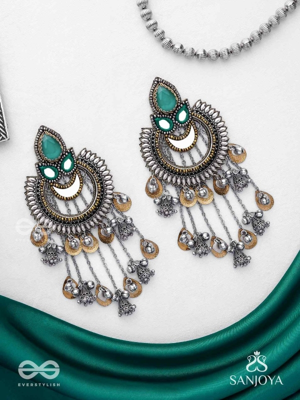 Ashtri - Deep in The Woods - Stone, Mirrors And Beads Hand Embroidered Oxidised Earrings