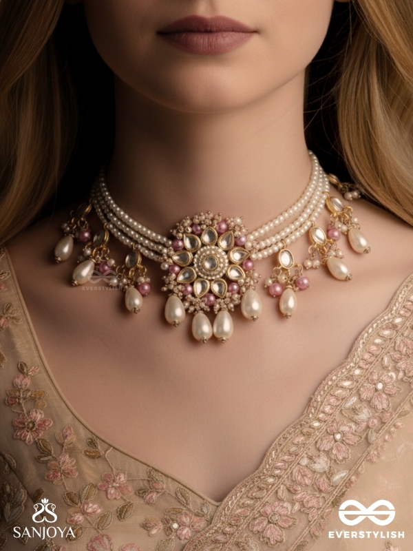 Dyulok - The Heavenly Charm - Beads, Pearl Drops, Polki And Kundan Finished Hand Embroidered Neckpiece