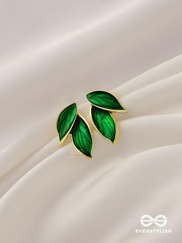 Petals Panache - Golden Enamelled Earrings (Green)