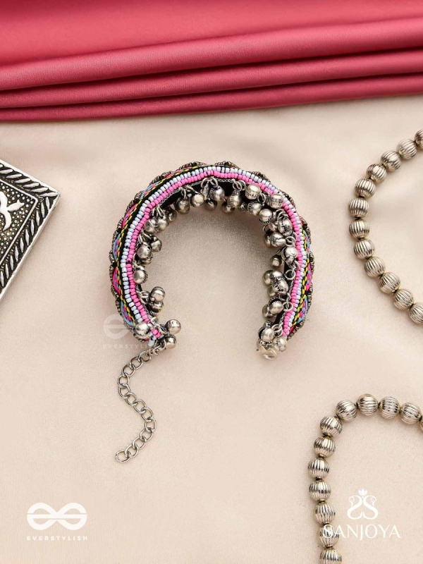 Prashman - The Soothing Landscape - Beads And Resham Hand Embroidered Oxidised Cuff Bracelet