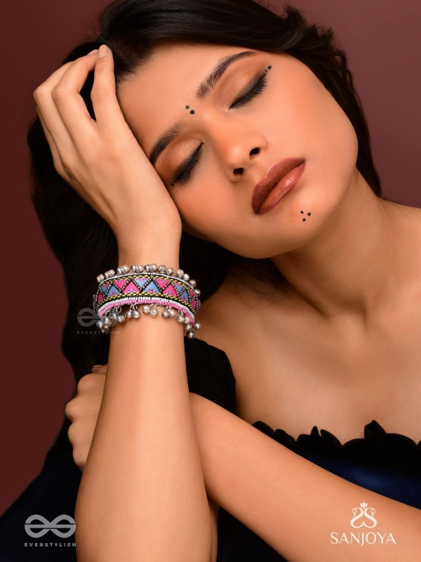 Prashman - The Soothing Landscape - Beads And Resham Hand Embroidered Oxidised Cuff Bracelet