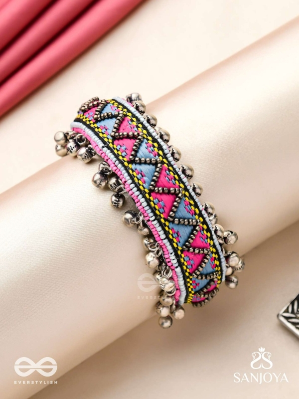 Prashman - The Soothing Landscape - Beads And Resham Hand Embroidered Oxidised Cuff Bracelet