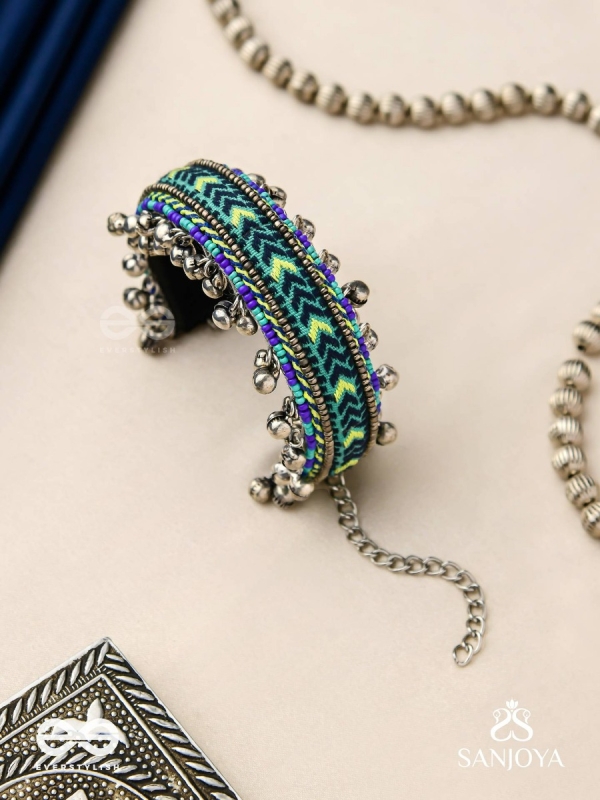 Vedhan - The Oceanic Depths - Resham And Beads Hand Embroidered Oxidised Cuff Bracelet
