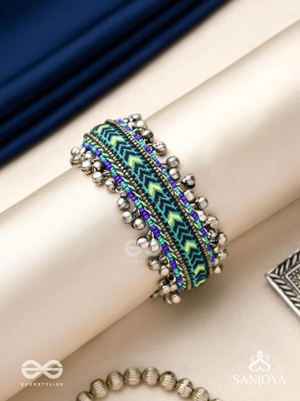 Vedhan - The Oceanic Depths - Resham And Beads Hand Embroidered Oxidised Cuff Bracelet