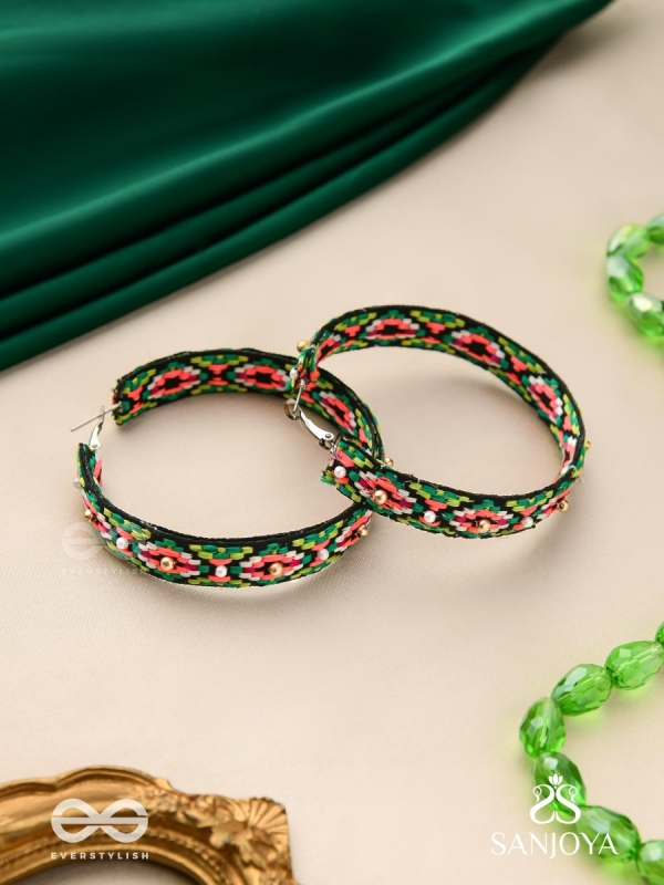 Kshitvari - The Lively Garden - Resham And Beads Hand Embroidered Hoop Earrings