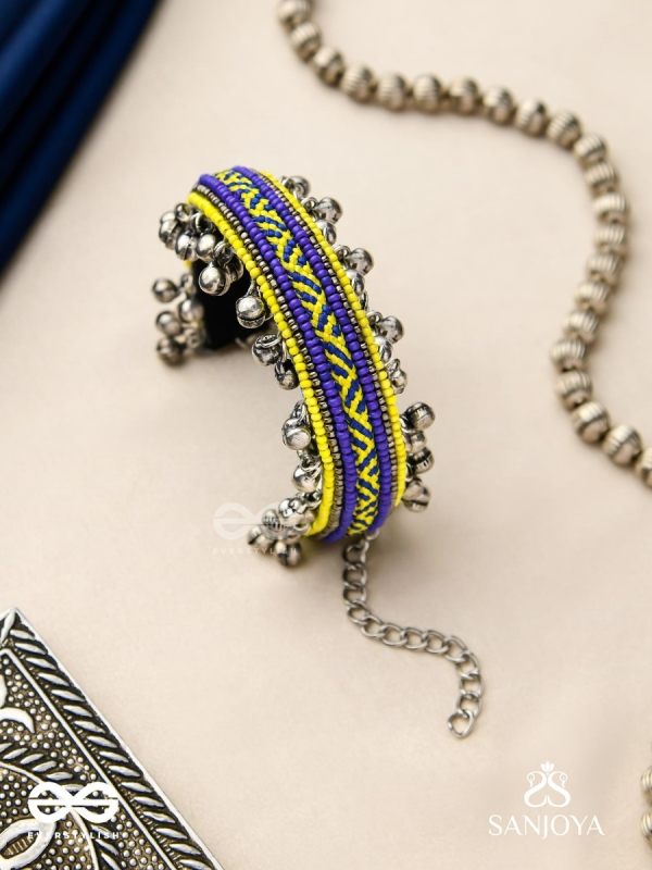 Vidhatrayus - The Sunflower Meadows - Beaded Hand Embroidered Oxidised Cuff Bracelet