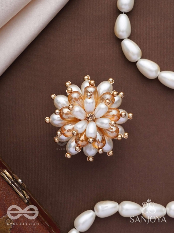 Svapnakalka - The Ivory Dream - Beads, Pearl And Glass Drops Hand Embroidered Ring (Adjustable)