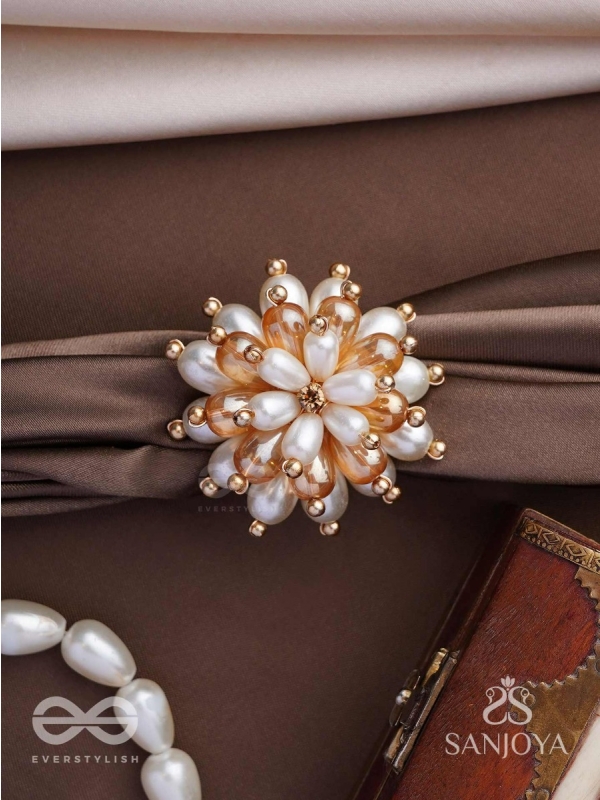 Svapnakalka - The Ivory Dream - Beads, Pearl And Glass Drops Hand Embroidered Ring (Adjustable)