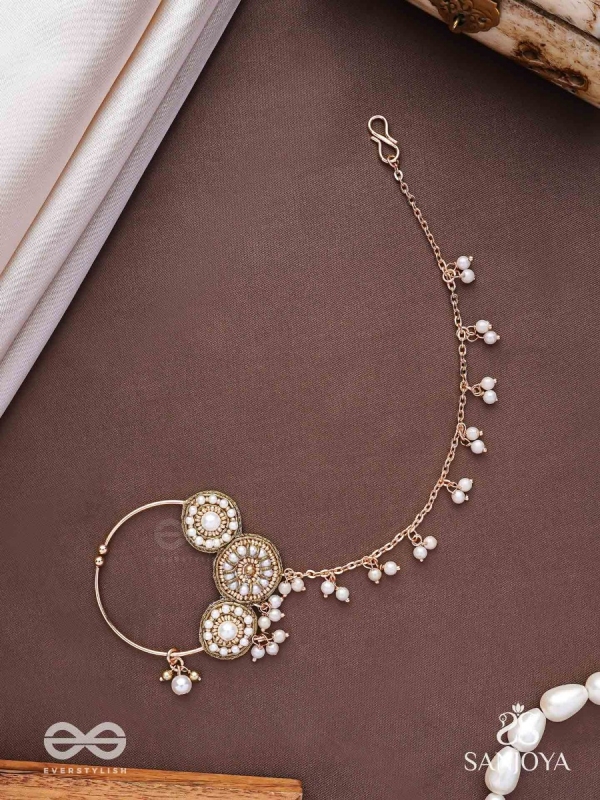 Haimavat - The Pearl Trail - Pearls And Beads Hand Embroidered Nath (Non-Piercing)