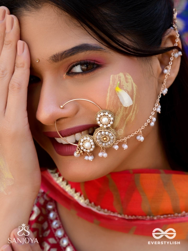 Haimavat - The Pearl Trail - Pearls And Beads Hand Embroidered Nath (Non-Piercing)