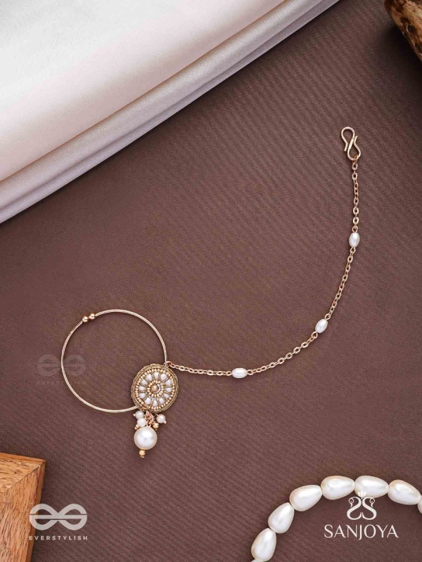 Vimrigvan - The Pristine Charm - Pearls And Beads Hand Embroidered Nath (Non-Piercing)