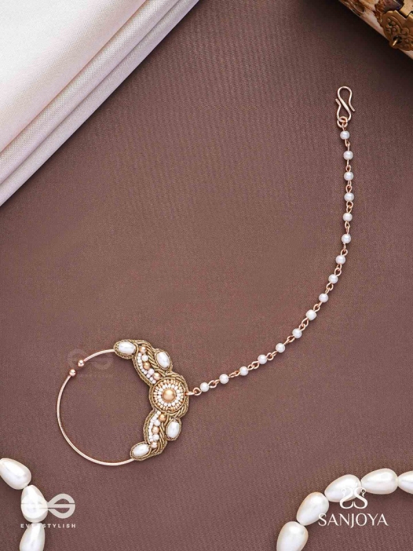 Varchasam - The Treasured Radiance - Pearls, Beads And Dabka Hand Embroidered Nath (Non-Piercing)