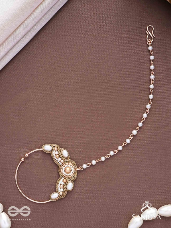 Varchasam - The Treasured Radiance - Pearls, Beads And Dabka Hand Embroidered Nath (Non-Piercing)