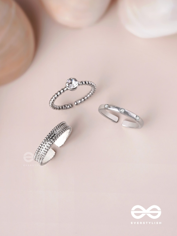 The Sterling Trio - Silver Cubic Zirconia Rings (Set Of 3 Adjustable)