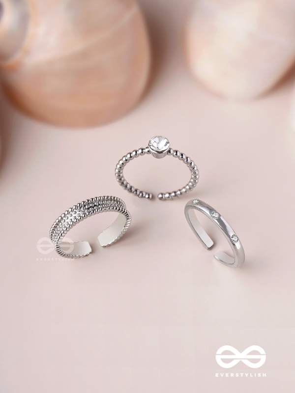 The Sterling Trio - Silver Cubic Zirconia Rings (Set Of 3 Adjustable)