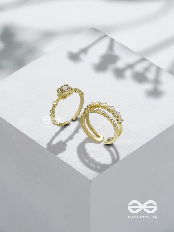 The Diamond Dreams - Golden Cubic Zirconia Rings (Set Of 2 Adjustable)